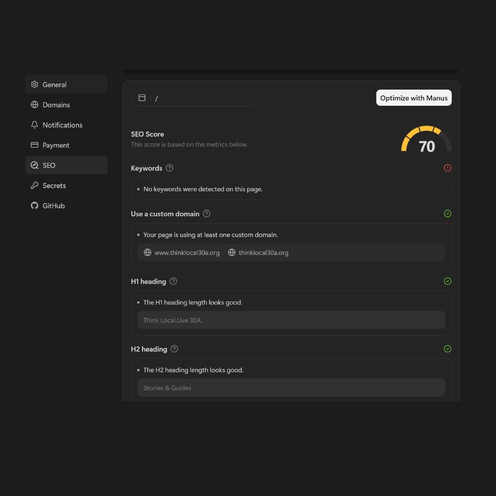 Setup SEO in Manus